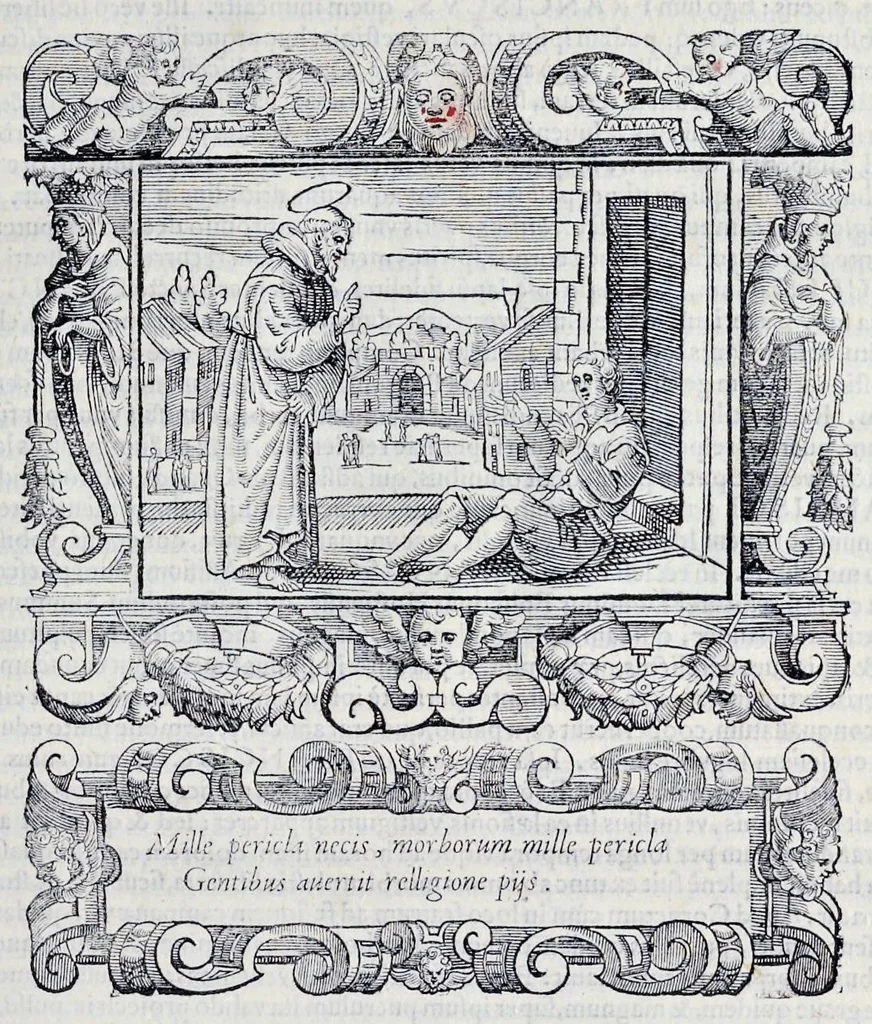 An illustration from Historiarvm seraphicae religionis libri tres, seriem temporum continentes, quibus breui explicantur fundamenta, uniuersiq[ue] ordinis amplificatio, gradus, et instituta; nec non uiri scientia, uirtutibus, et fama praeclari, 1586, leaf 142
