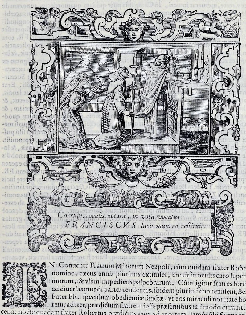An illustration from Historiarvm seraphicae religionis libri tres, seriem temporum continentes, quibus breui explicantur fundamenta, uniuersiq[ue] ordinis amplificatio, gradus, et instituta; nec non uiri scientia, uirtutibus, et fama praeclari, 1586, leaf 150