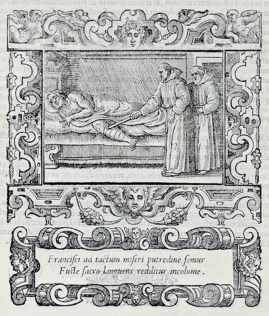 An illustration from Historiarvm seraphicae religionis libri tres, seriem temporum continentes, quibus breui explicantur fundamenta, uniuersiq[ue] ordinis amplificatio, gradus, et instituta; nec non uiri scientia, uirtutibus, et fama praeclari, 1586, leaf 157