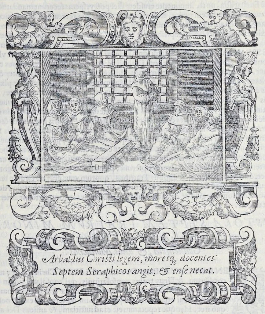 An illustration from Historiarvm seraphicae religionis libri tres, seriem temporum continentes, quibus breui explicantur fundamenta, uniuersiq[ue] ordinis amplificatio, gradus, et instituta; nec non uiri scientia, uirtutibus, et fama praeclari, 1586, leaf 200