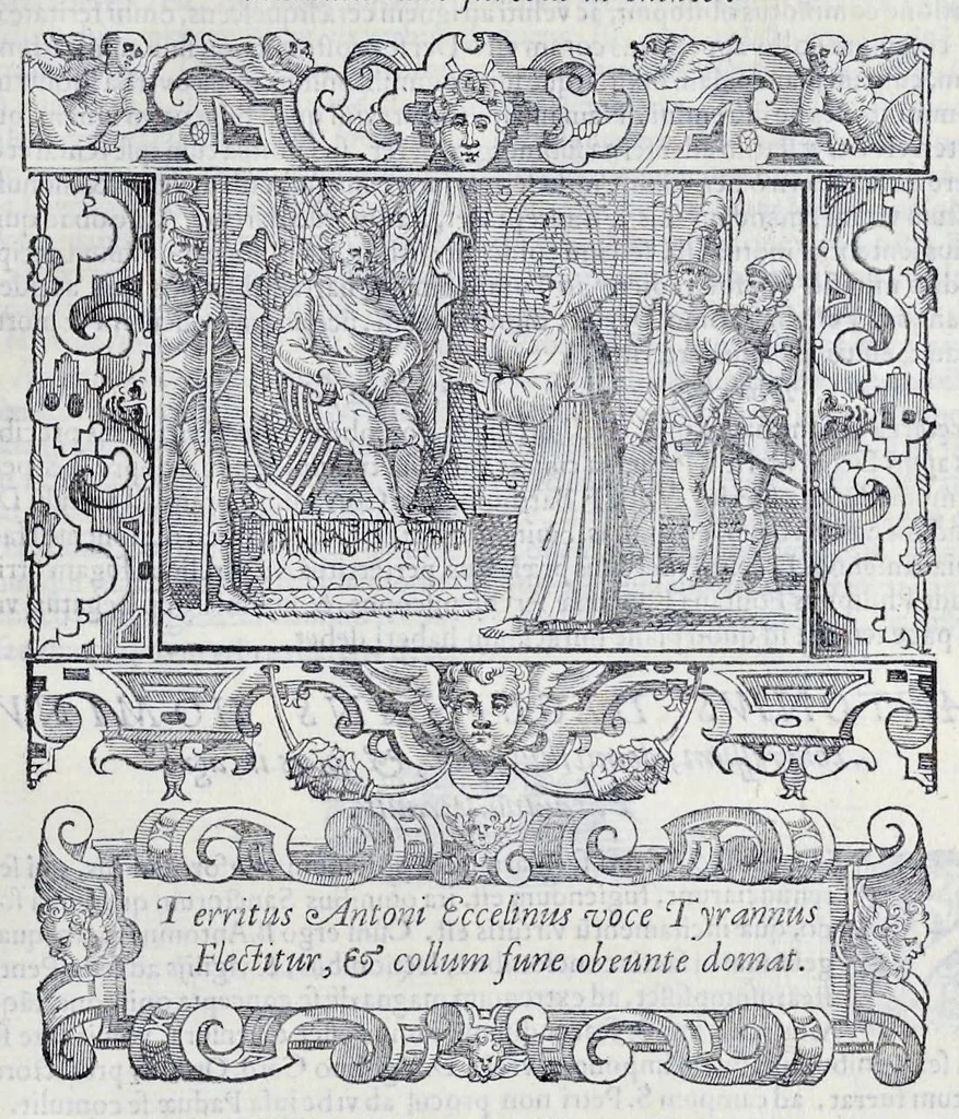 An illustration from Historiarvm seraphicae religionis libri tres, seriem temporum continentes, quibus breui explicantur fundamenta, uniuersiq[ue] ordinis amplificatio, gradus, et instituta; nec non uiri scientia, uirtutibus, et fama praeclari, 1586, leaf 214