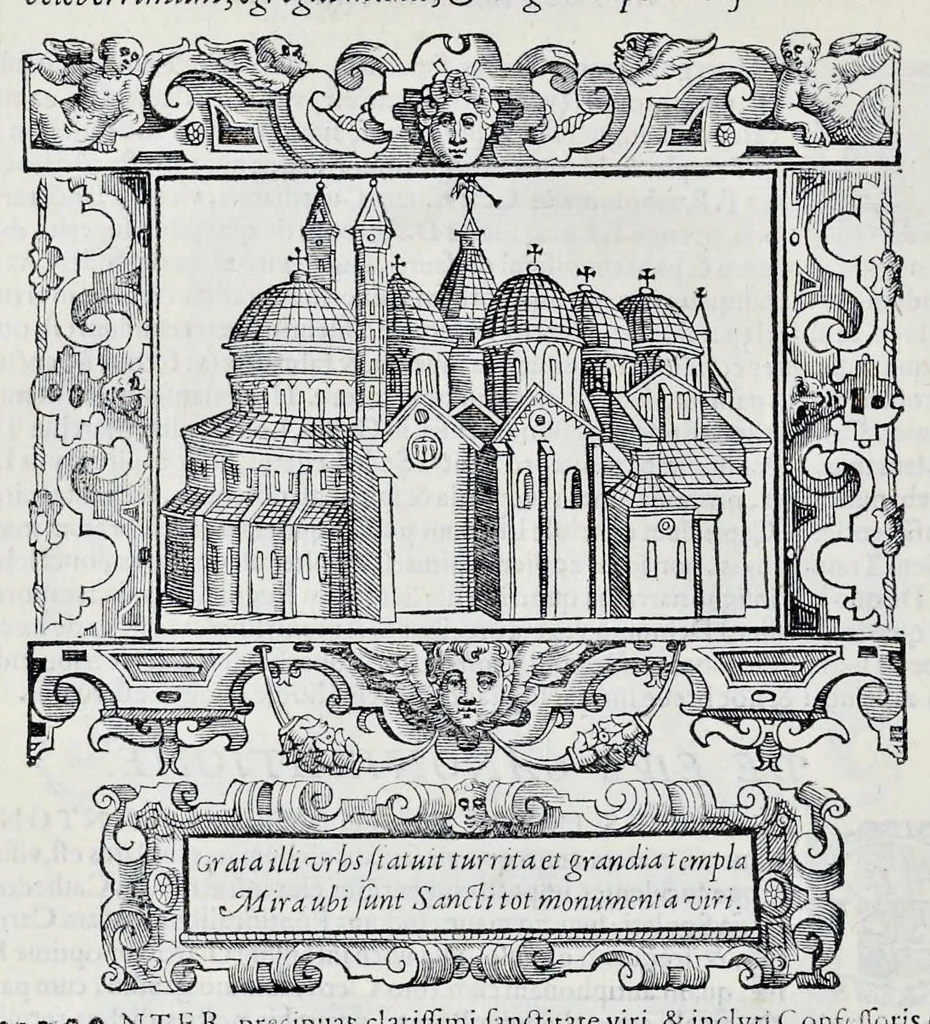 An illustration from Historiarvm seraphicae religionis libri tres, seriem temporum continentes, quibus breui explicantur fundamenta, uniuersiq[ue] ordinis amplificatio, gradus, et instituta; nec non uiri scientia, uirtutibus, et fama praeclari, 1586, leaf 219