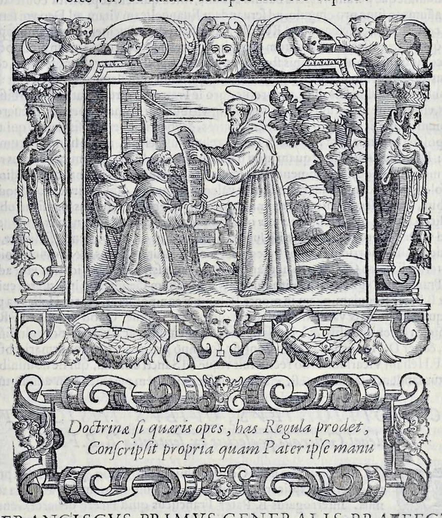 An illustration from Historiarvm seraphicae religionis libri tres, seriem temporum continentes, quibus breui explicantur fundamenta, uniuersiq[ue] ordinis amplificatio, gradus, et instituta; nec non uiri scientia, uirtutibus, et fama praeclari, 1586, leaf 372