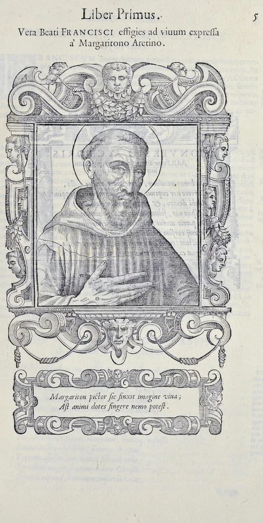 An illustration from Historiarvm seraphicae religionis libri tres, seriem temporum continentes, quibus breui explicantur fundamenta, uniuersiq[ue] ordinis amplificatio, gradus, et instituta; nec non uiri scientia, uirtutibus, et fama praeclari, 1586, leaf 62