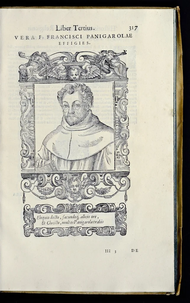 An illustration from Historiarvm seraphicae religionis libri tres, seriem temporum continentes, quibus breui explicantur fundamenta, uniuersiq[ue] ordinis amplificatio, gradus, et instituta; nec non uiri scientia, uirtutibus, et fama praeclari, 1586, leaf 698