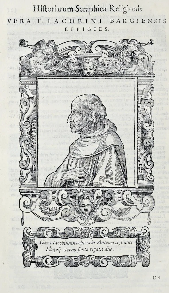 An illustration from Historiarvm seraphicae religionis libri tres, seriem temporum continentes, quibus breui explicantur fundamenta, uniuersiq[ue] ordinis amplificatio, gradus, et instituta; nec non uiri scientia, uirtutibus, et fama praeclari, 1586, leaf 707