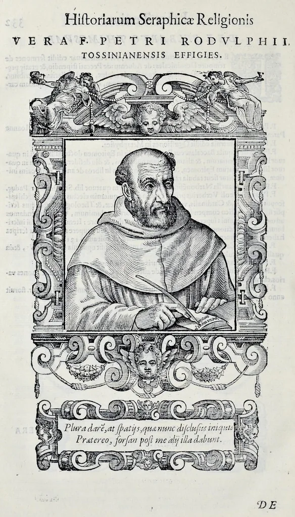 An illustration from Historiarvm seraphicae religionis libri tres, seriem temporum continentes, quibus breui explicantur fundamenta, uniuersiq[ue] ordinis amplificatio, gradus, et instituta; nec non uiri scientia, uirtutibus, et fama praeclari, 1586, leaf 729