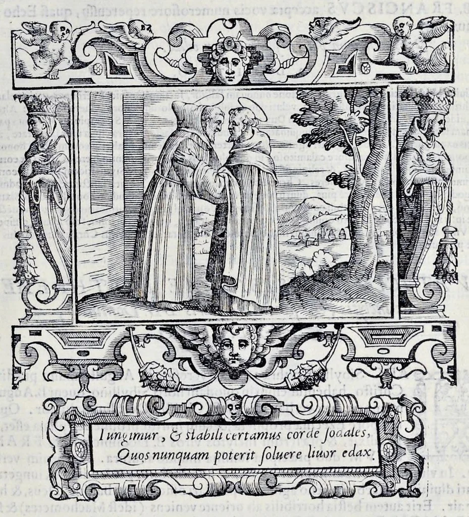 An illustration from Historiarvm seraphicae religionis libri tres, seriem temporum continentes, quibus breui explicantur fundamenta, uniuersiq[ue] ordinis amplificatio, gradus, et instituta; nec non uiri scientia, uirtutibus, et fama praeclari, 1586, leaf 76