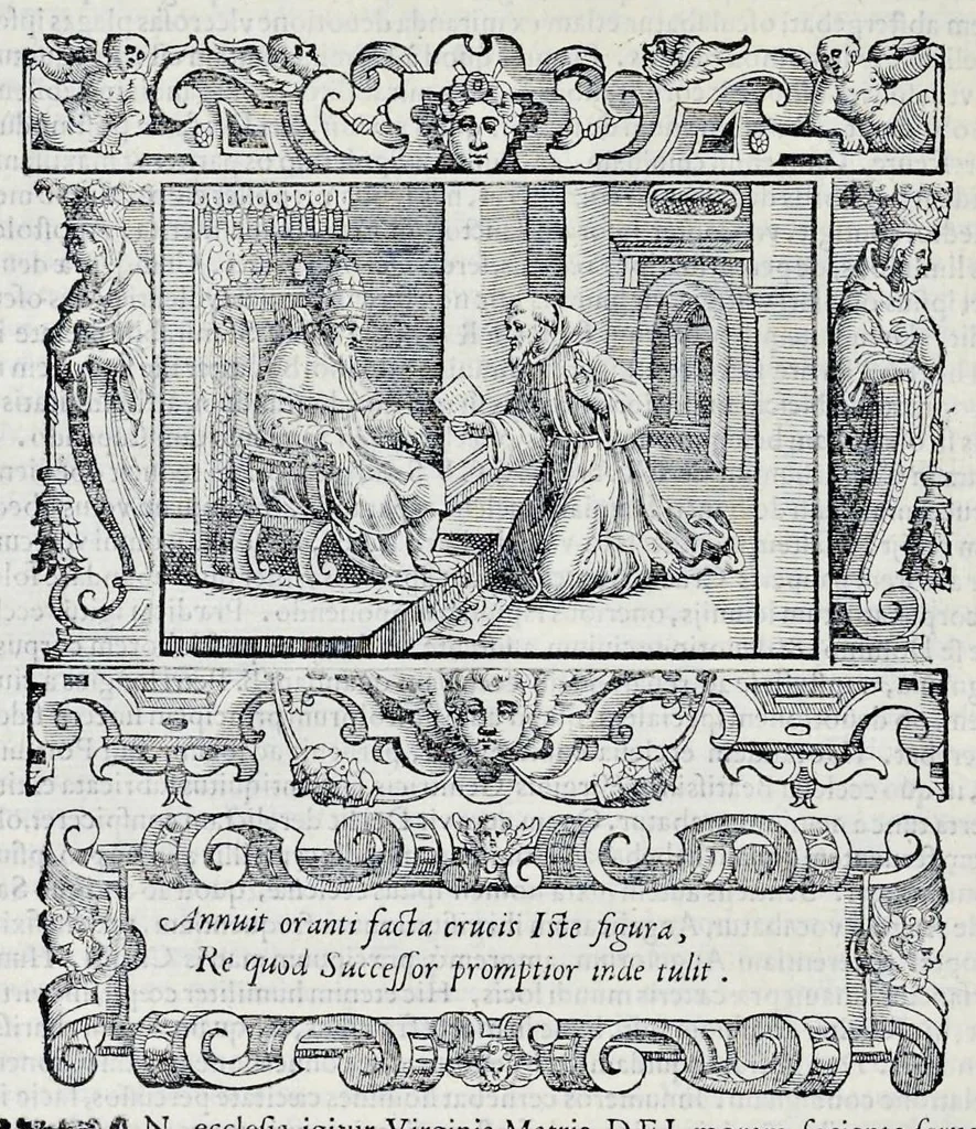 An illustration from Historiarvm seraphicae religionis libri tres, seriem temporum continentes, quibus breui explicantur fundamenta, uniuersiq[ue] ordinis amplificatio, gradus, et instituta; nec non uiri scientia, uirtutibus, et fama praeclari, 1586, leaf 87