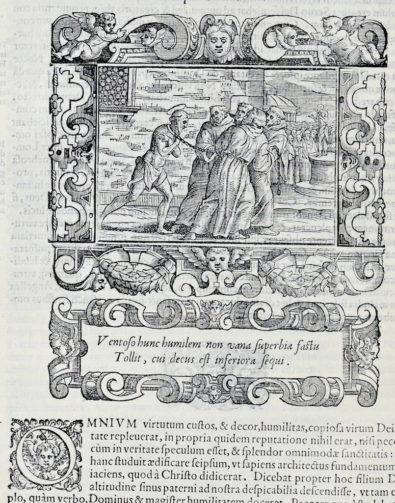 An illustration from Historiarvm seraphicae religionis libri tres, seriem temporum continentes, quibus breui explicantur fundamenta, uniuersiq[ue] ordinis amplificatio, gradus, et instituta; nec non uiri scientia, uirtutibus, et fama praeclari, 1586, leaf 99