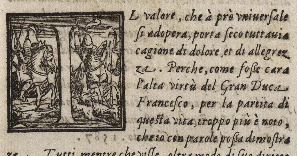 An illustration from Orazione di Giovanni Mollinelli, recitata nell'esequie fatte al sereniss. Francesco de' Medici, secondo gran duca di Toscana : dalla Veneranda compagnia di San Niccolò, chiamata il Ceppo, dal medesimo Giouanni, fratello in detto luogo, il dì 10. di gen. 1587, essendone guardiano messer Tommaso Mormorai, 1587, leaf 10