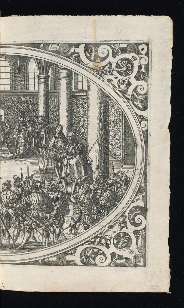 An illustration from Catalogvs gloriae mvndi D. Bartholomaei Cassanaei, Bvrgvndi, apvd Aqvas Sextias in Senatv decvriae praesidis, ac viri clarissimi : in qvo mvlta praeclara de praerogativis, praeeminentijs, maioritate, praestantijs, & excellentijs, continentur ... : opvs ... in XII. libros diuisum, nvnc denvo accvratissime emendatvm ac novis figvris elegantissime illustratum, ita vt facile omnes caeteras editiones antecellere possit, 1579, leaf 28
