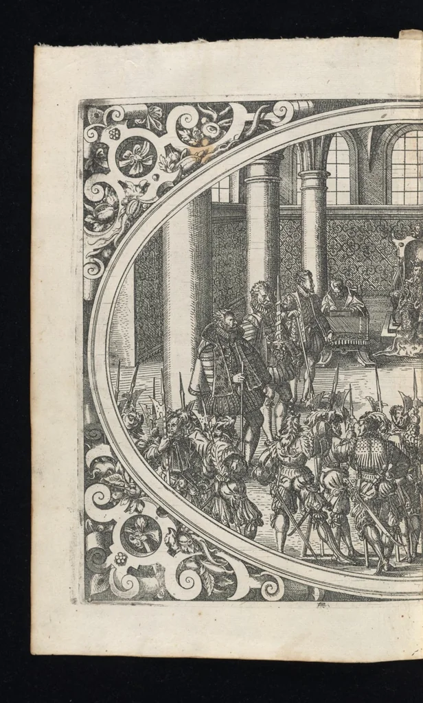 An illustration from Catalogvs gloriae mvndi D. Bartholomaei Cassanaei, Bvrgvndi, apvd Aqvas Sextias in Senatv decvriae praesidis, ac viri clarissimi : in qvo mvlta praeclara de praerogativis, praeeminentijs, maioritate, praestantijs, & excellentijs, continentur ... : opvs ... in XII. libros diuisum, nvnc denvo accvratissime emendatvm ac novis figvris elegantissime illustratum, ita vt facile omnes caeteras editiones antecellere possit, 1579, leaf 29