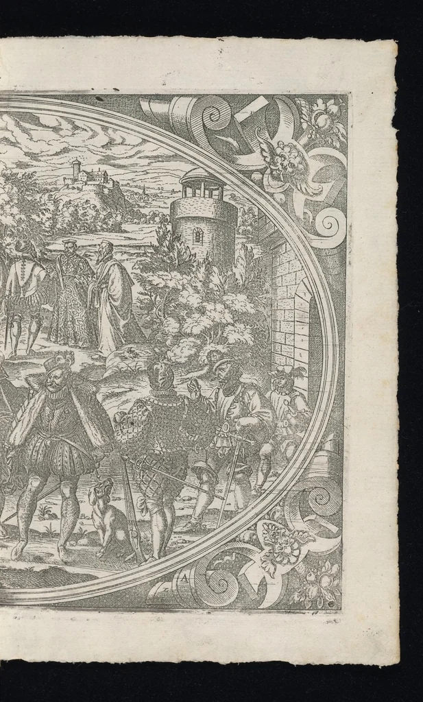 An illustration from Catalogvs gloriae mvndi D. Bartholomaei Cassanaei, Bvrgvndi, apvd Aqvas Sextias in Senatv decvriae praesidis, ac viri clarissimi : in qvo mvlta praeclara de praerogativis, praeeminentijs, maioritate, praestantijs, & excellentijs, continentur ... : opvs ... in XII. libros diuisum, nvnc denvo accvratissime emendatvm ac novis figvris elegantissime illustratum, ita vt facile omnes caeteras editiones antecellere possit, 1579, leaf 32