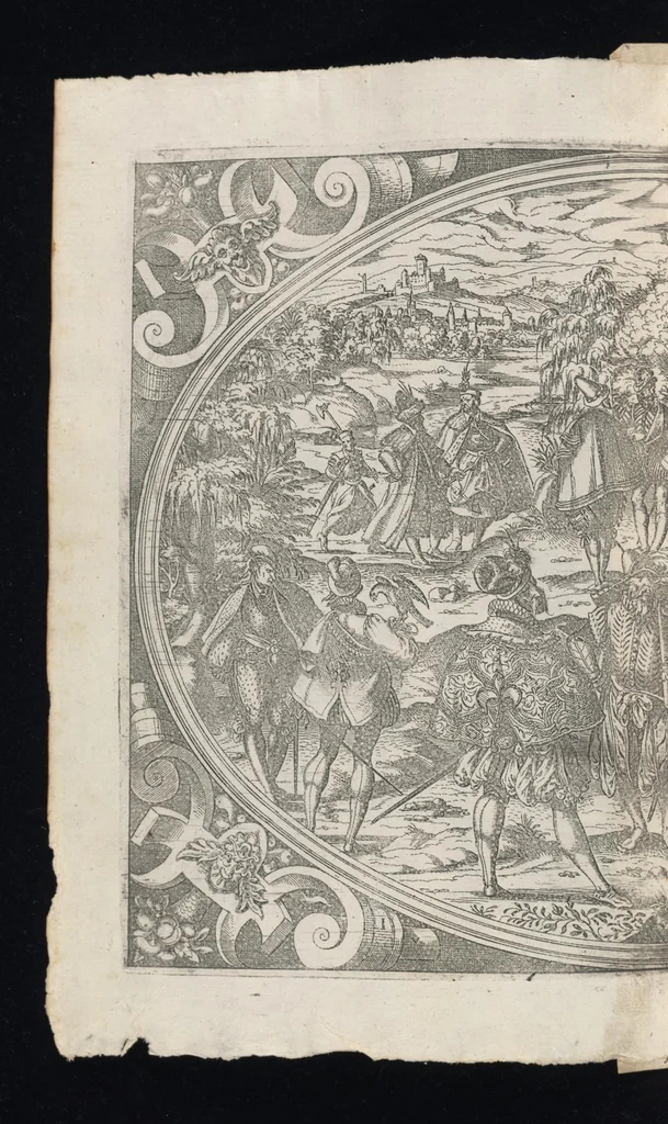 An illustration from Catalogvs gloriae mvndi D. Bartholomaei Cassanaei, Bvrgvndi, apvd Aqvas Sextias in Senatv decvriae praesidis, ac viri clarissimi : in qvo mvlta praeclara de praerogativis, praeeminentijs, maioritate, praestantijs, & excellentijs, continentur ... : opvs ... in XII. libros diuisum, nvnc denvo accvratissime emendatvm ac novis figvris elegantissime illustratum, ita vt facile omnes caeteras editiones antecellere possit, 1579, leaf 33