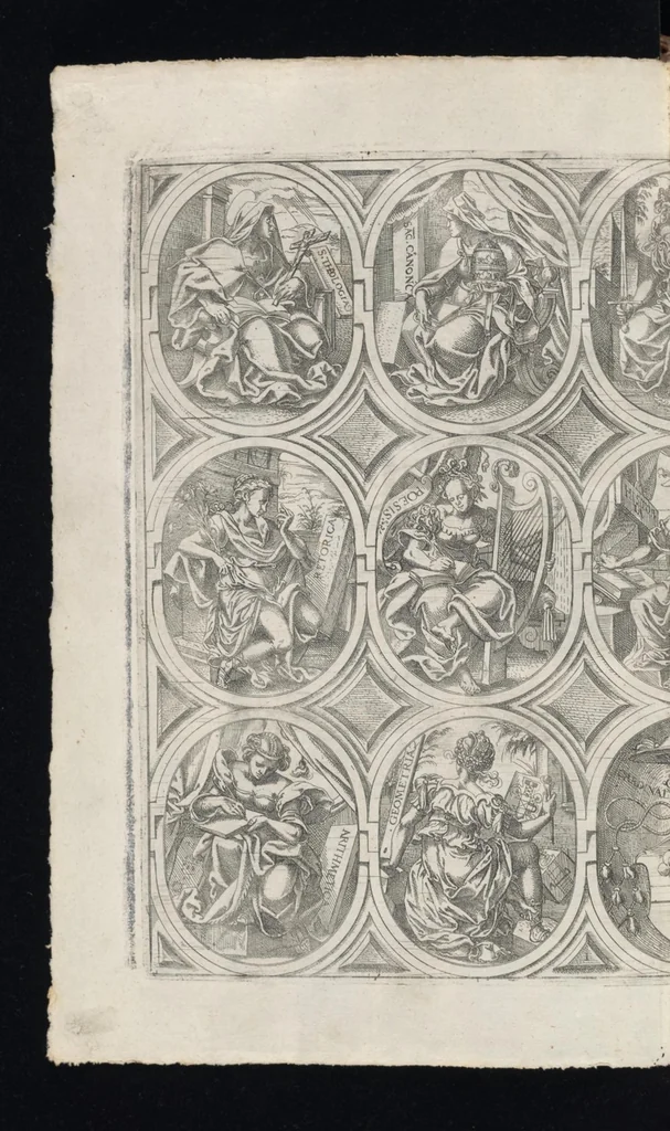 An illustration from Catalogvs gloriae mvndi D. Bartholomaei Cassanaei, Bvrgvndi, apvd Aqvas Sextias in Senatv decvriae praesidis, ac viri clarissimi : in qvo mvlta praeclara de praerogativis, praeeminentijs, maioritate, praestantijs, & excellentijs, continentur ... : opvs ... in XII. libros diuisum, nvnc denvo accvratissime emendatvm ac novis figvris elegantissime illustratum, ita vt facile omnes caeteras editiones antecellere possit, 1579, leaf 37