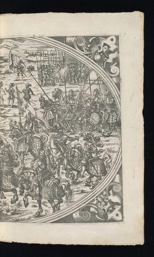 An illustration from Catalogvs gloriae mvndi D. Bartholomaei Cassanaei, Bvrgvndi, apvd Aqvas Sextias in Senatv decvriae praesidis, ac viri clarissimi : in qvo mvlta praeclara de praerogativis, praeeminentijs, maioritate, praestantijs, & excellentijs, continentur ... : opvs ... in XII. libros diuisum, nvnc denvo accvratissime emendatvm ac novis figvris elegantissime illustratum, ita vt facile omnes caeteras editiones antecellere possit, 1579, leaf 40