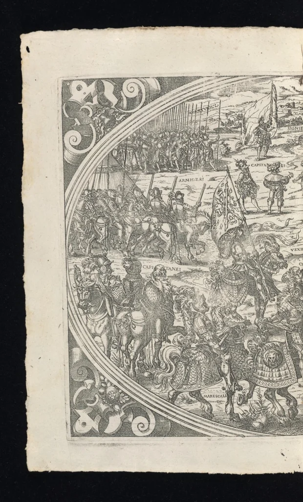 An illustration from Catalogvs gloriae mvndi D. Bartholomaei Cassanaei, Bvrgvndi, apvd Aqvas Sextias in Senatv decvriae praesidis, ac viri clarissimi : in qvo mvlta praeclara de praerogativis, praeeminentijs, maioritate, praestantijs, & excellentijs, continentur ... : opvs ... in XII. libros diuisum, nvnc denvo accvratissime emendatvm ac novis figvris elegantissime illustratum, ita vt facile omnes caeteras editiones antecellere possit, 1579, leaf 41