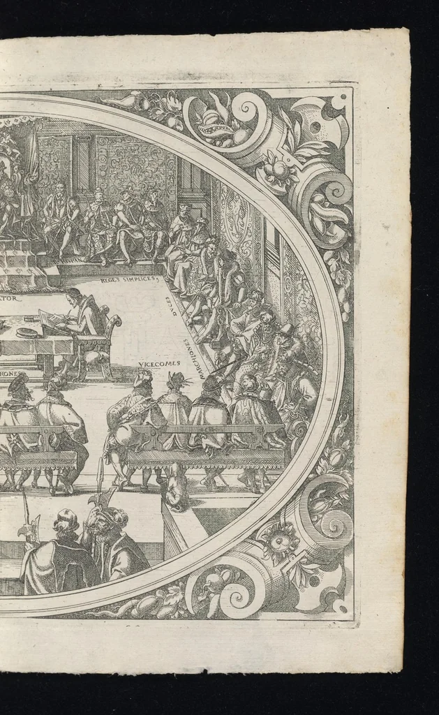 An illustration from Catalogvs gloriae mvndi D. Bartholomaei Cassanaei, Bvrgvndi, apvd Aqvas Sextias in Senatv decvriae praesidis, ac viri clarissimi : in qvo mvlta praeclara de praerogativis, praeeminentijs, maioritate, praestantijs, & excellentijs, continentur ... : opvs ... in XII. libros diuisum, nvnc denvo accvratissime emendatvm ac novis figvris elegantissime illustratum, ita vt facile omnes caeteras editiones antecellere possit, 1579, leaf 44