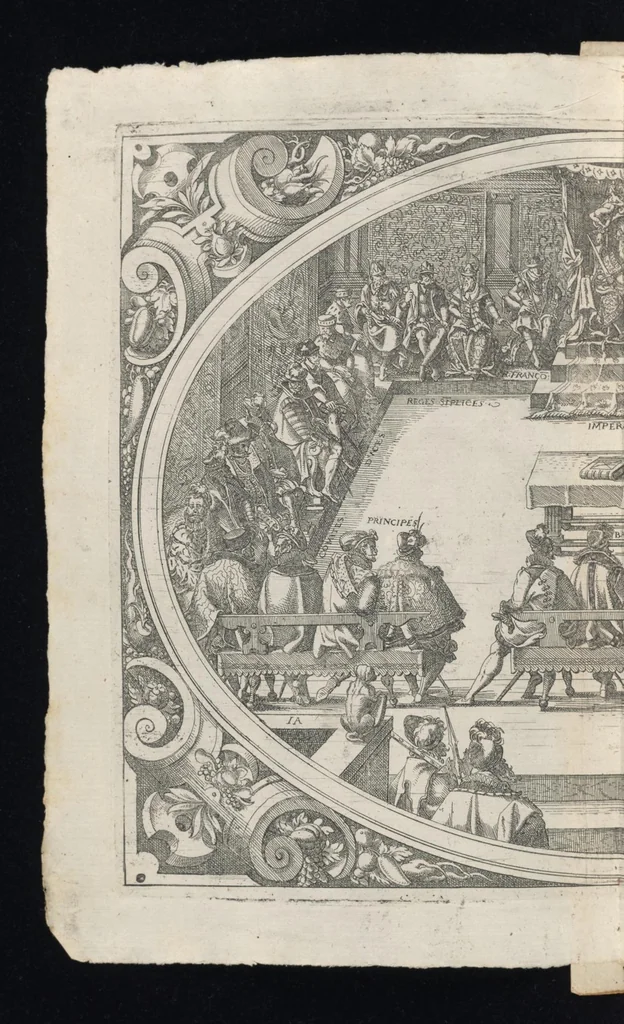 An illustration from Catalogvs gloriae mvndi D. Bartholomaei Cassanaei, Bvrgvndi, apvd Aqvas Sextias in Senatv decvriae praesidis, ac viri clarissimi : in qvo mvlta praeclara de praerogativis, praeeminentijs, maioritate, praestantijs, & excellentijs, continentur ... : opvs ... in XII. libros diuisum, nvnc denvo accvratissime emendatvm ac novis figvris elegantissime illustratum, ita vt facile omnes caeteras editiones antecellere possit, 1579, leaf 45