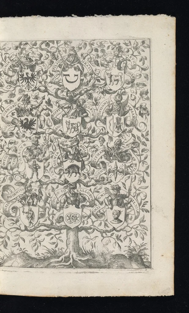 An illustration from Catalogvs gloriae mvndi D. Bartholomaei Cassanaei, Bvrgvndi, apvd Aqvas Sextias in Senatv decvriae praesidis, ac viri clarissimi : in qvo mvlta praeclara de praerogativis, praeeminentijs, maioritate, praestantijs, & excellentijs, continentur ... : opvs ... in XII. libros diuisum, nvnc denvo accvratissime emendatvm ac novis figvris elegantissime illustratum, ita vt facile omnes caeteras editiones antecellere possit, 1579, leaf 48