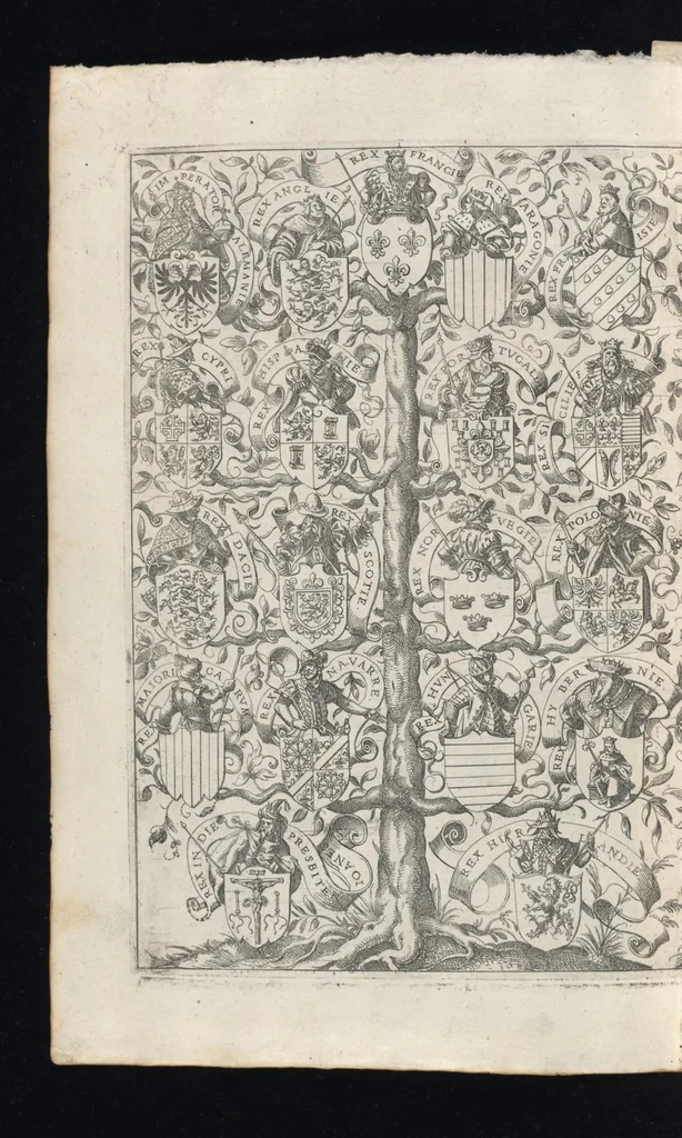 An illustration from Catalogvs gloriae mvndi D. Bartholomaei Cassanaei, Bvrgvndi, apvd Aqvas Sextias in Senatv decvriae praesidis, ac viri clarissimi : in qvo mvlta praeclara de praerogativis, praeeminentijs, maioritate, praestantijs, & excellentijs, continentur ... : opvs ... in XII. libros diuisum, nvnc denvo accvratissime emendatvm ac novis figvris elegantissime illustratum, ita vt facile omnes caeteras editiones antecellere possit, 1579, leaf 49