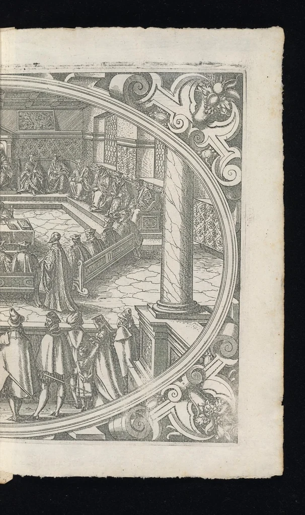 An illustration from Catalogvs gloriae mvndi D. Bartholomaei Cassanaei, Bvrgvndi, apvd Aqvas Sextias in Senatv decvriae praesidis, ac viri clarissimi : in qvo mvlta praeclara de praerogativis, praeeminentijs, maioritate, praestantijs, & excellentijs, continentur ... : opvs ... in XII. libros diuisum, nvnc denvo accvratissime emendatvm ac novis figvris elegantissime illustratum, ita vt facile omnes caeteras editiones antecellere possit, 1579, leaf 52