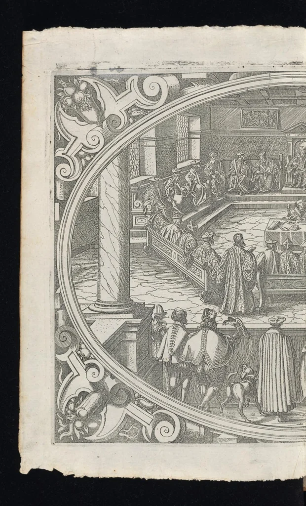 An illustration from Catalogvs gloriae mvndi D. Bartholomaei Cassanaei, Bvrgvndi, apvd Aqvas Sextias in Senatv decvriae praesidis, ac viri clarissimi : in qvo mvlta praeclara de praerogativis, praeeminentijs, maioritate, praestantijs, & excellentijs, continentur ... : opvs ... in XII. libros diuisum, nvnc denvo accvratissime emendatvm ac novis figvris elegantissime illustratum, ita vt facile omnes caeteras editiones antecellere possit, 1579, leaf 53
