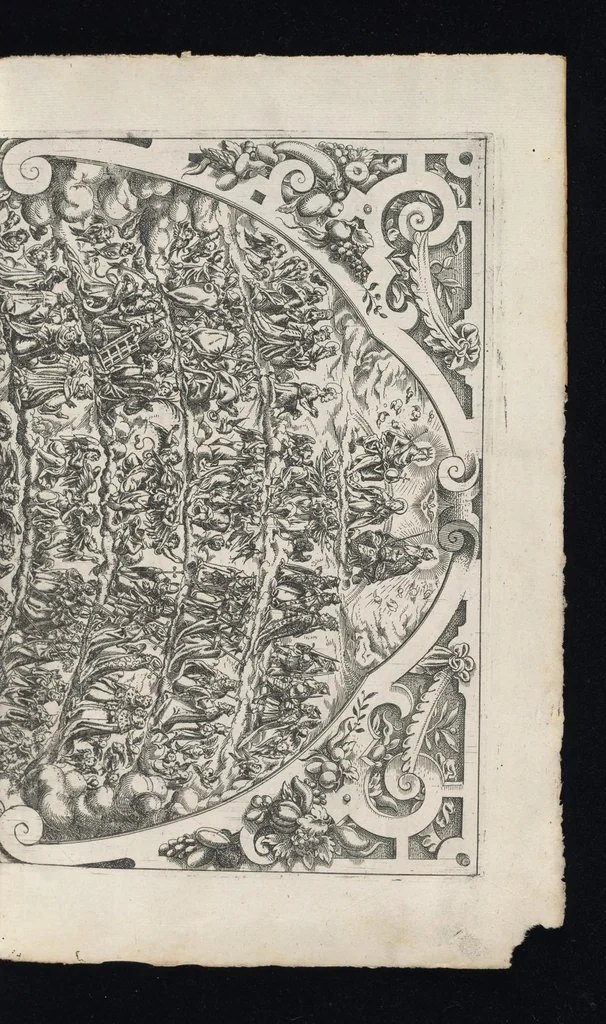 An illustration from Catalogvs gloriae mvndi D. Bartholomaei Cassanaei, Bvrgvndi, apvd Aqvas Sextias in Senatv decvriae praesidis, ac viri clarissimi : in qvo mvlta praeclara de praerogativis, praeeminentijs, maioritate, praestantijs, & excellentijs, continentur ... : opvs ... in XII. libros diuisum, nvnc denvo accvratissime emendatvm ac novis figvris elegantissime illustratum, ita vt facile omnes caeteras editiones antecellere possit, 1579, leaf 60