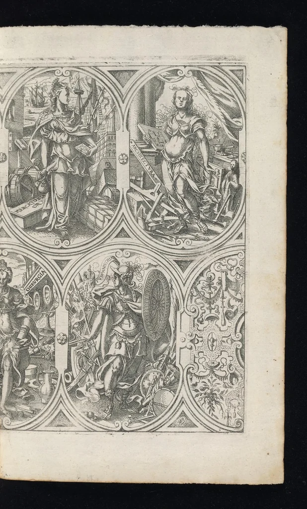 An illustration from Catalogvs gloriae mvndi D. Bartholomaei Cassanaei, Bvrgvndi, apvd Aqvas Sextias in Senatv decvriae praesidis, ac viri clarissimi : in qvo mvlta praeclara de praerogativis, praeeminentijs, maioritate, praestantijs, & excellentijs, continentur ... : opvs ... in XII. libros diuisum, nvnc denvo accvratissime emendatvm ac novis figvris elegantissime illustratum, ita vt facile omnes caeteras editiones antecellere possit, 1579, leaf 64