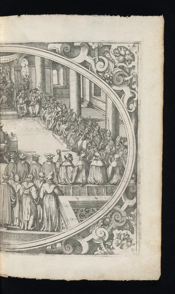 An illustration from Catalogvs gloriae mvndi D. Bartholomaei Cassanaei, Bvrgvndi, apvd Aqvas Sextias in Senatv decvriae praesidis, ac viri clarissimi : in qvo mvlta praeclara de praerogativis, praeeminentijs, maioritate, praestantijs, & excellentijs, continentur ... : opvs ... in XII. libros diuisum, nvnc denvo accvratissime emendatvm ac novis figvris elegantissime illustratum, ita vt facile omnes caeteras editiones antecellere possit, 1579, leaf 68