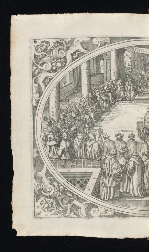 An illustration from Catalogvs gloriae mvndi D. Bartholomaei Cassanaei, Bvrgvndi, apvd Aqvas Sextias in Senatv decvriae praesidis, ac viri clarissimi : in qvo mvlta praeclara de praerogativis, praeeminentijs, maioritate, praestantijs, & excellentijs, continentur ... : opvs ... in XII. libros diuisum, nvnc denvo accvratissime emendatvm ac novis figvris elegantissime illustratum, ita vt facile omnes caeteras editiones antecellere possit, 1579, leaf 69