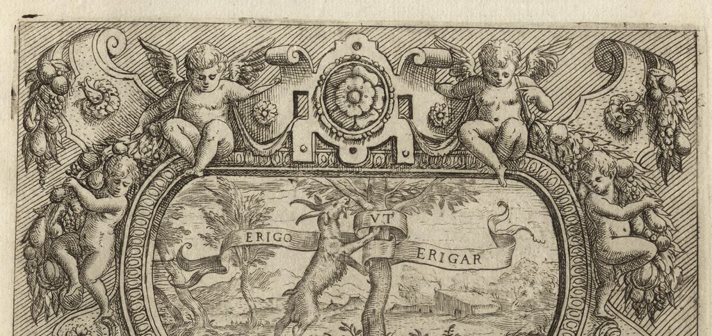 An illustration from Imprese nobili et ingeniose di diuersi prencipi, et d'altri personaggi illvstri nell'arme et nelle lettere : le quali, col disegno loro estrinseco, dimostrano l'animo, et la buona ò mala fortuna de gli Autori loro, 1583, leaf 34