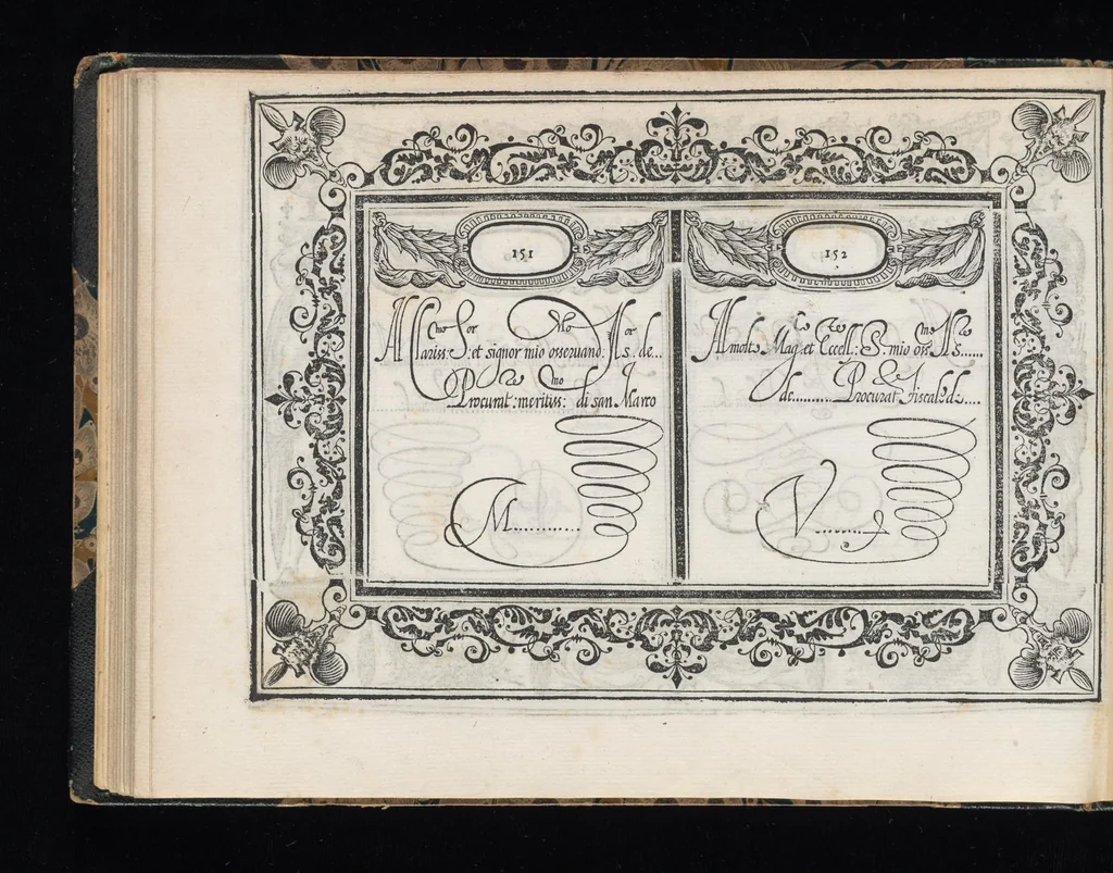 An illustration from Soprascritte di lettere in forma cancelleresca, corsiva, appartenenti ad ogni grado di persona / di Salvadore Gagliardelli scrittore in Fiorenza ; date in luce in tal carattero per comune vtilità de gli studiosi della buona forma dello scriuere, per esercitarsi nelle accomodate abbreuiature, ne' tratti diuersi, nelle variate maiuscole, che in esso sono, cosi nello scritto, come anco nel modo del dire di esse soprascritte ; con la tauola per ordine, alla quale ciascuno ricorrerà, perche in essa si dichiarano particolarmente le soprascritte, che si contengono in questo libro ; con l'aggiunta di questa [16-mm. blank] stampa, come à piè della Tauola si dice, 1583, leaf 113