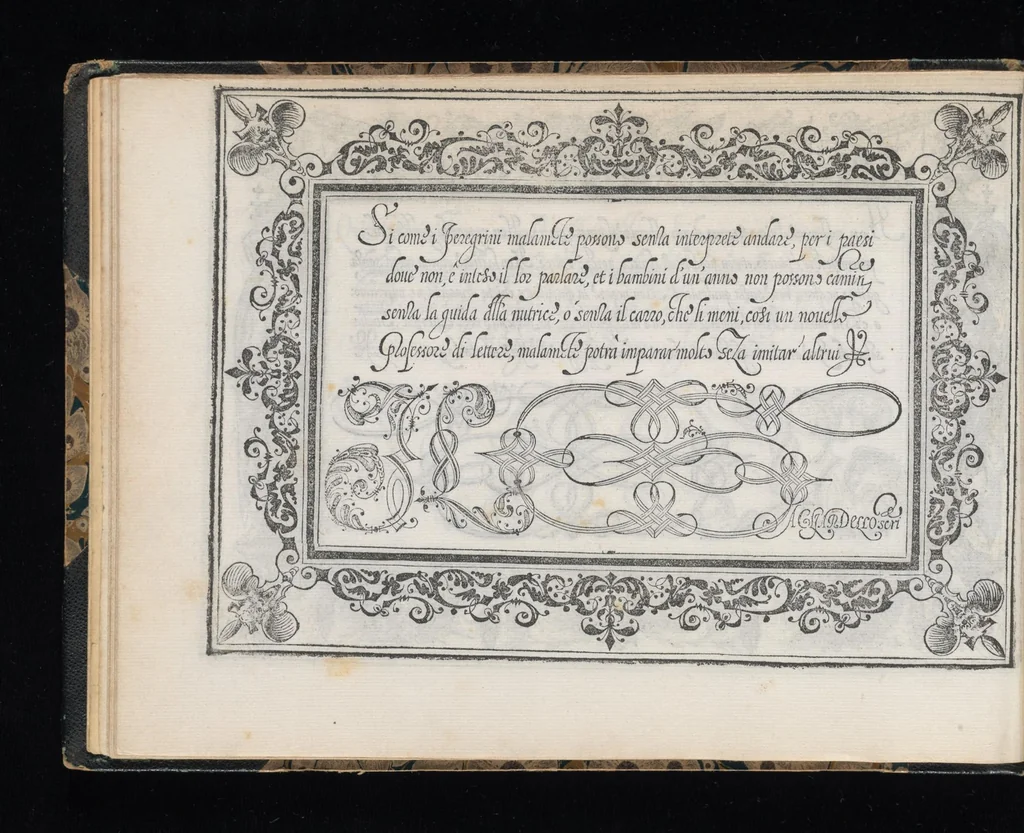 An illustration from Soprascritte di lettere in forma cancelleresca, corsiva, appartenenti ad ogni grado di persona / di Salvadore Gagliardelli scrittore in Fiorenza ; date in luce in tal carattero per comune vtilità de gli studiosi della buona forma dello scriuere, per esercitarsi nelle accomodate abbreuiature, ne' tratti diuersi, nelle variate maiuscole, che in esso sono, cosi nello scritto, come anco nel modo del dire di esse soprascritte ; con la tauola per ordine, alla quale ciascuno ricorrerà, perche in essa si dichiarano particolarmente le soprascritte, che si contengono in questo libro ; con l'aggiunta di questa [16-mm. blank] stampa, come à piè della Tauola si dice, 1583, leaf 35
