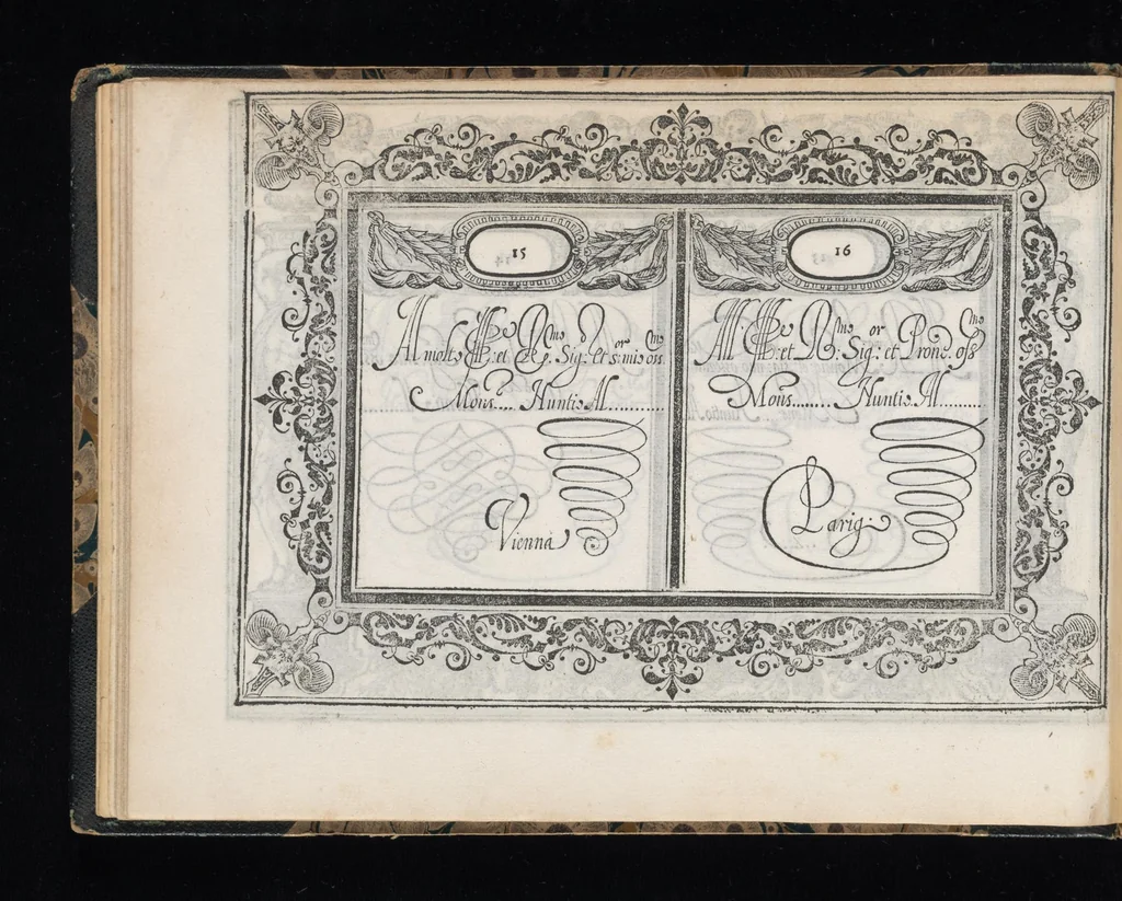 An illustration from Soprascritte di lettere in forma cancelleresca, corsiva, appartenenti ad ogni grado di persona / di Salvadore Gagliardelli scrittore in Fiorenza ; date in luce in tal carattero per comune vtilità de gli studiosi della buona forma dello scriuere, per esercitarsi nelle accomodate abbreuiature, ne' tratti diuersi, nelle variate maiuscole, che in esso sono, cosi nello scritto, come anco nel modo del dire di esse soprascritte ; con la tauola per ordine, alla quale ciascuno ricorrerà, perche in essa si dichiarano particolarmente le soprascritte, che si contengono in questo libro ; con l'aggiunta di questa [16-mm. blank] stampa, come à piè della Tauola si dice, 1583, leaf 45