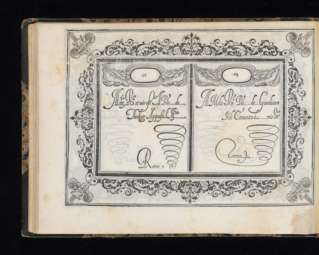 An illustration from Soprascritte di lettere in forma cancelleresca, corsiva, appartenenti ad ogni grado di persona / di Salvadore Gagliardelli scrittore in Fiorenza ; date in luce in tal carattero per comune vtilità de gli studiosi della buona forma dello scriuere, per esercitarsi nelle accomodate abbreuiature, ne' tratti diuersi, nelle variate maiuscole, che in esso sono, cosi nello scritto, come anco nel modo del dire di esse soprascritte ; con la tauola per ordine, alla quale ciascuno ricorrerà, perche in essa si dichiarano particolarmente le soprascritte, che si contengono in questo libro ; con l'aggiunta di questa [16-mm. blank] stampa, come à piè della Tauola si dice, 1583, leaf 71