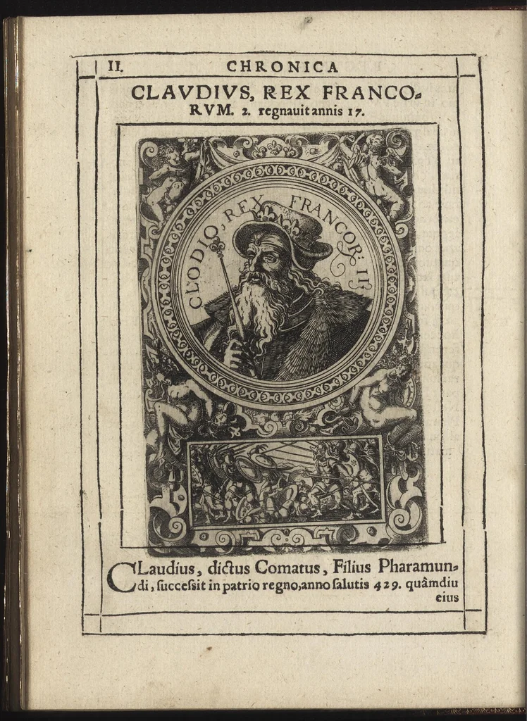 An illustration from Effigies regvm francorvm omnivm : a Pharamvndo ad Henricvm vsqve Tertivm, ad viuum, quantum fieri potuit, expressae, 1576, leaf 13
