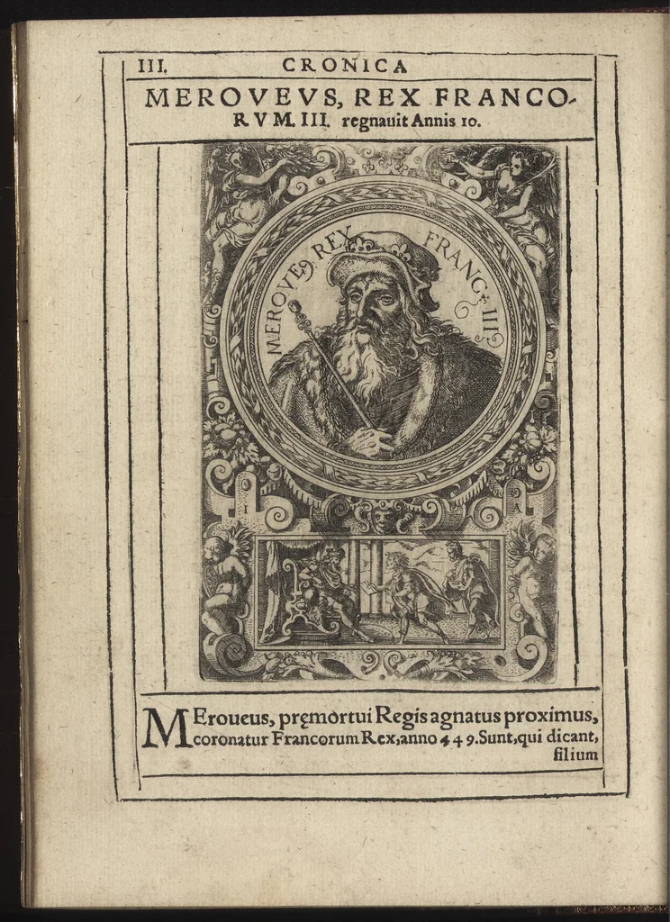 An illustration from Effigies regvm francorvm omnivm : a Pharamvndo ad Henricvm vsqve Tertivm, ad viuum, quantum fieri potuit, expressae, 1576, leaf 15
