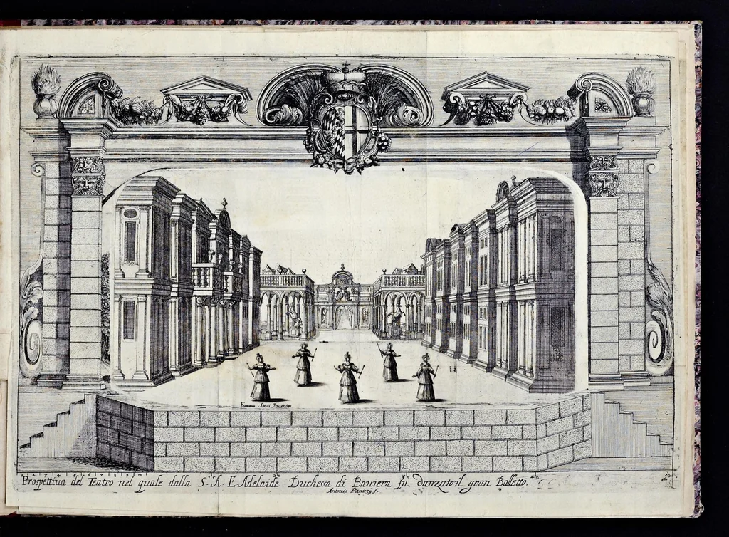 An illustration from Li qvattro elementi : introduttione per il balletto fatto nella residenza elettorale di Monaco nella gran sala detta degli Ercoli : inuentione del felicissimo ingegno della serenissima Henrietta Adelaida, elettrice di Baviera, principessa reale di Savoia : con le nobili imprese e motti nelli scudi di ciascuna dama opra della sua eroica penna, 1657, leaf 10