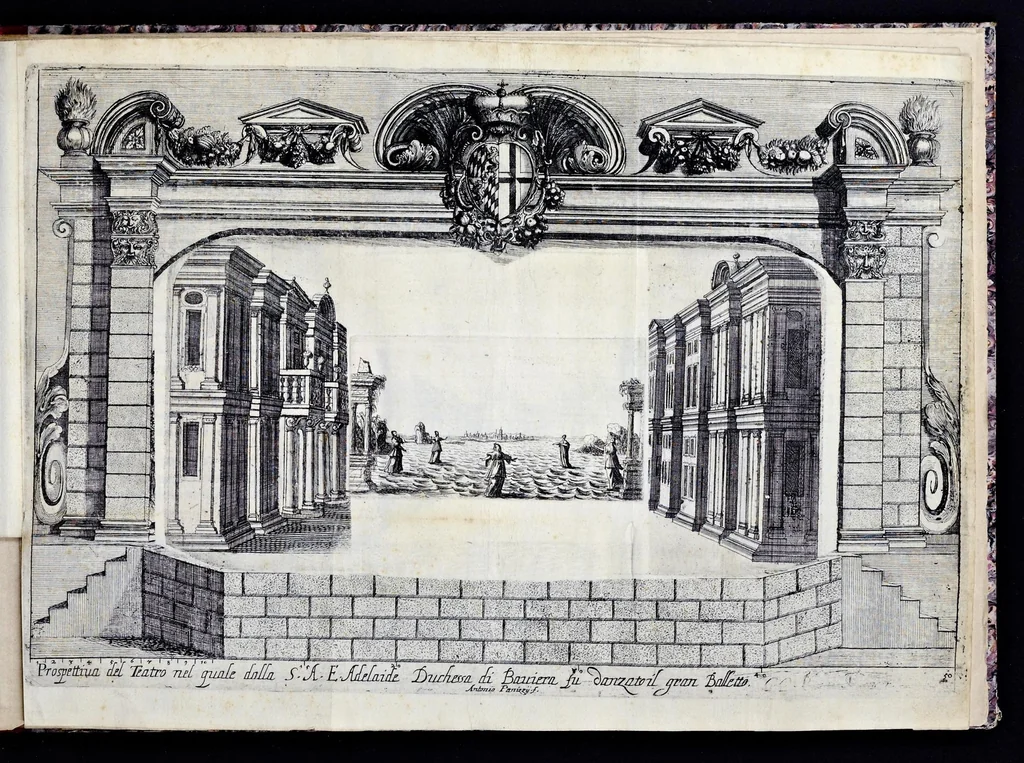 An illustration from Li qvattro elementi : introduttione per il balletto fatto nella residenza elettorale di Monaco nella gran sala detta degli Ercoli : inuentione del felicissimo ingegno della serenissima Henrietta Adelaida, elettrice di Baviera, principessa reale di Savoia : con le nobili imprese e motti nelli scudi di ciascuna dama opra della sua eroica penna, 1657, leaf 14