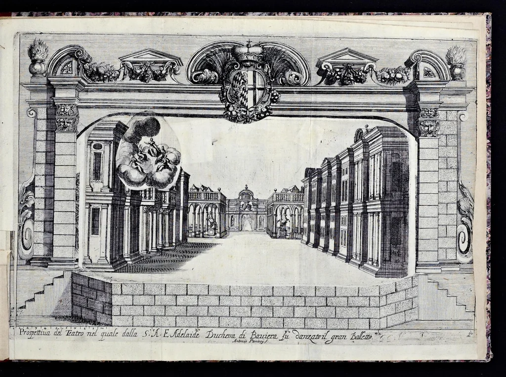 An illustration from Li qvattro elementi : introduttione per il balletto fatto nella residenza elettorale di Monaco nella gran sala detta degli Ercoli : inuentione del felicissimo ingegno della serenissima Henrietta Adelaida, elettrice di Baviera, principessa reale di Savoia : con le nobili imprese e motti nelli scudi di ciascuna dama opra della sua eroica penna, 1657, leaf 18