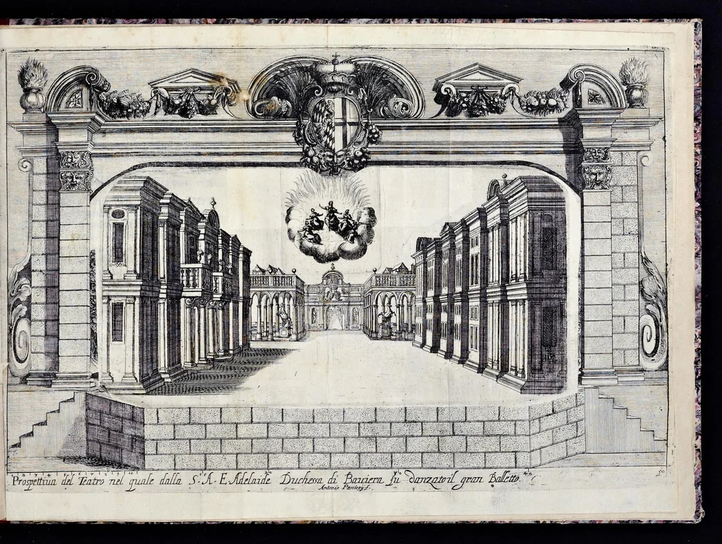 An illustration from Li qvattro elementi : introduttione per il balletto fatto nella residenza elettorale di Monaco nella gran sala detta degli Ercoli : inuentione del felicissimo ingegno della serenissima Henrietta Adelaida, elettrice di Baviera, principessa reale di Savoia : con le nobili imprese e motti nelli scudi di ciascuna dama opra della sua eroica penna, 1657, leaf 20