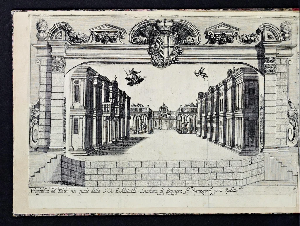 An illustration from Li qvattro elementi : introduttione per il balletto fatto nella residenza elettorale di Monaco nella gran sala detta degli Ercoli : inuentione del felicissimo ingegno della serenissima Henrietta Adelaida, elettrice di Baviera, principessa reale di Savoia : con le nobili imprese e motti nelli scudi di ciascuna dama opra della sua eroica penna, 1657, leaf 7