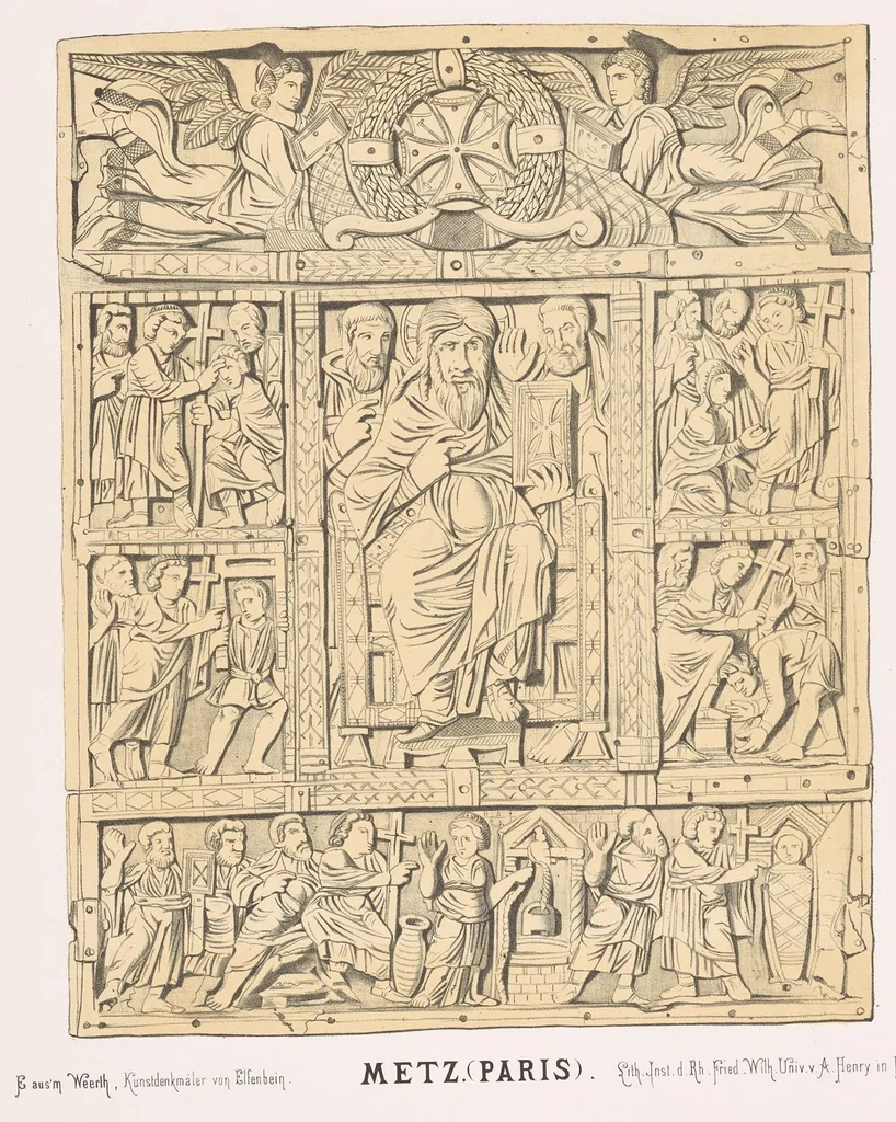 An illustration from Fundgruben der Kunst und Ikonographie in den Elfenbein-Arbeiten des christlichen Altertums und Mittèlalters in 35 Tafeln; Prof. Dr. aus'm Weerths nachgelassenes Werk, 1912, leaf 46