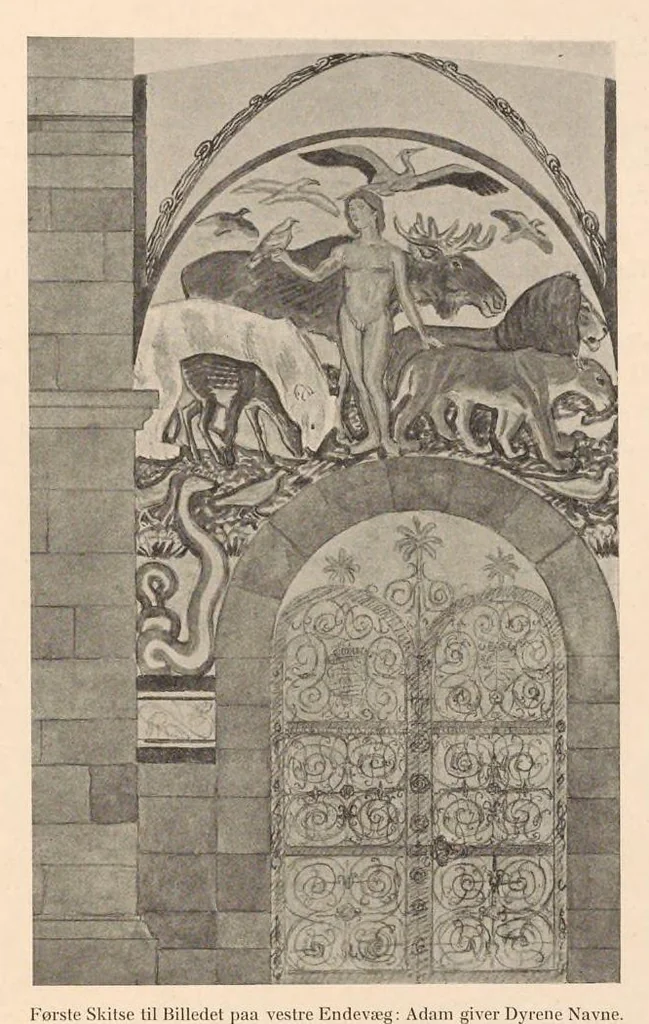 An illustration from Viborg Domkirke: Joakim Skovgaards billeder, Domkirkens historie. La cathédrale de Viborg: les peintures de Joakim Skovgaard, histoire de la cathédrale;, 1909, leaf 16
