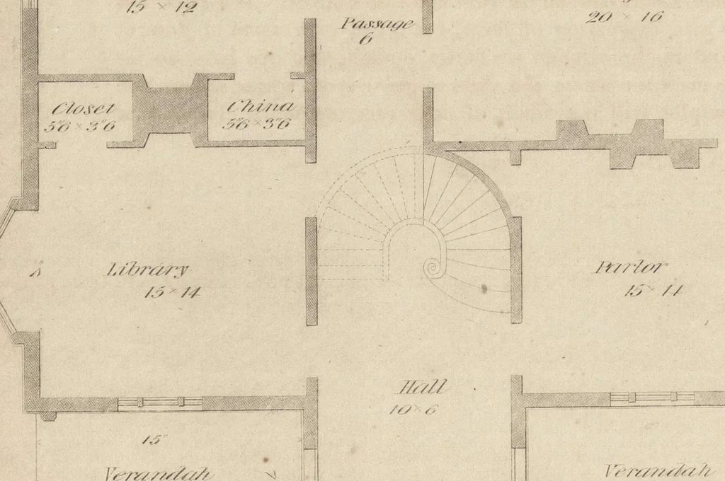 An illustration from The carpenter's assistant : containing a succinct account of Egyptian, Grecian and Roman architecture. Also, a description of the Tuscan, Doric, Ionic, Corinthian and composite orders; together with specifications, practical rules and tables for carpenters, and a glossary of architectural terms. Embellished with upwards of 200 plates of plans, elevations, details, and practical stair-building, 1854, leaf 111