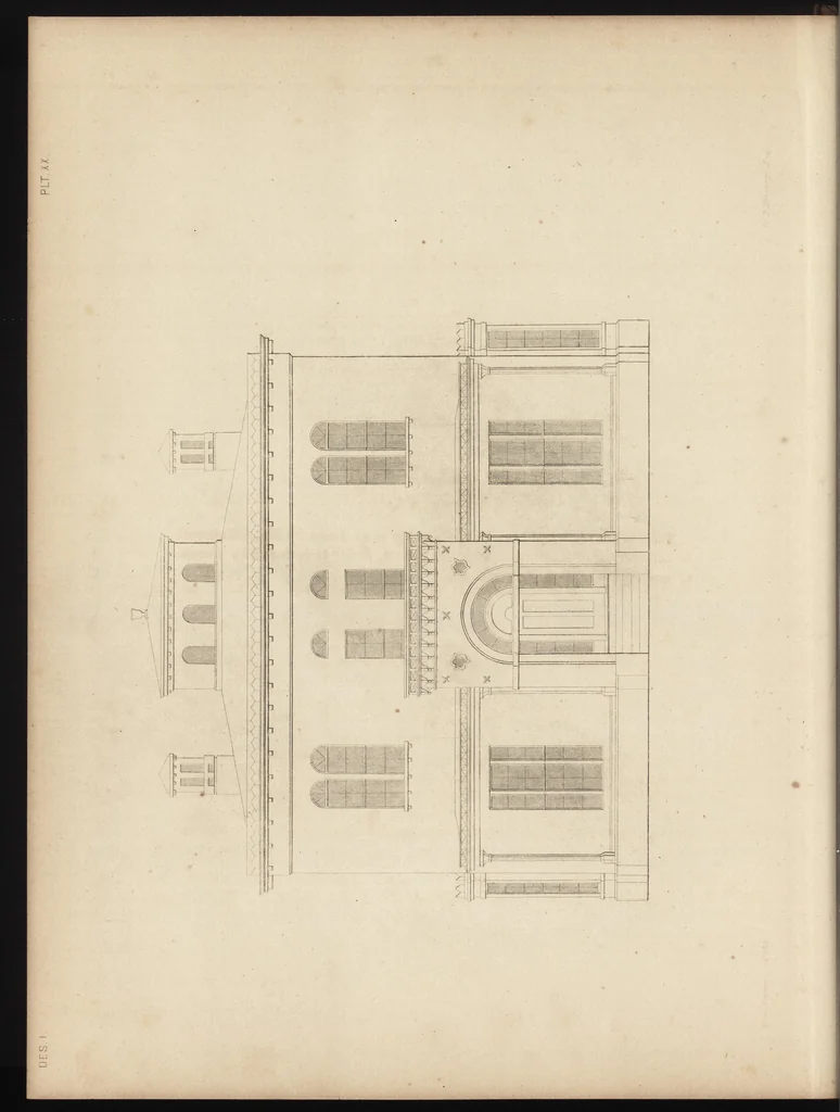 An illustration from The carpenter's assistant : containing a succinct account of Egyptian, Grecian and Roman architecture. Also, a description of the Tuscan, Doric, Ionic, Corinthian and composite orders; together with specifications, practical rules and tables for carpenters, and a glossary of architectural terms. Embellished with upwards of 200 plates of plans, elevations, details, and practical stair-building, 1854, leaf 115