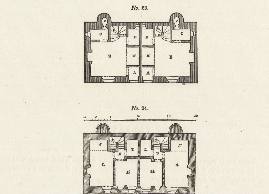 An illustration from The carpenter's assistant : containing a succinct account of Egyptian, Grecian and Roman architecture. Also, a description of the Tuscan, Doric, Ionic, Corinthian and composite orders; together with specifications, practical rules and tables for carpenters, and a glossary of architectural terms. Embellished with upwards of 200 plates of plans, elevations, details, and practical stair-building, 1854, leaf 117