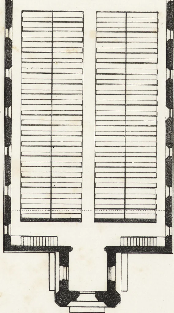 An illustration from The carpenter's assistant : containing a succinct account of Egyptian, Grecian and Roman architecture. Also, a description of the Tuscan, Doric, Ionic, Corinthian and composite orders; together with specifications, practical rules and tables for carpenters, and a glossary of architectural terms. Embellished with upwards of 200 plates of plans, elevations, details, and practical stair-building, 1854, leaf 12